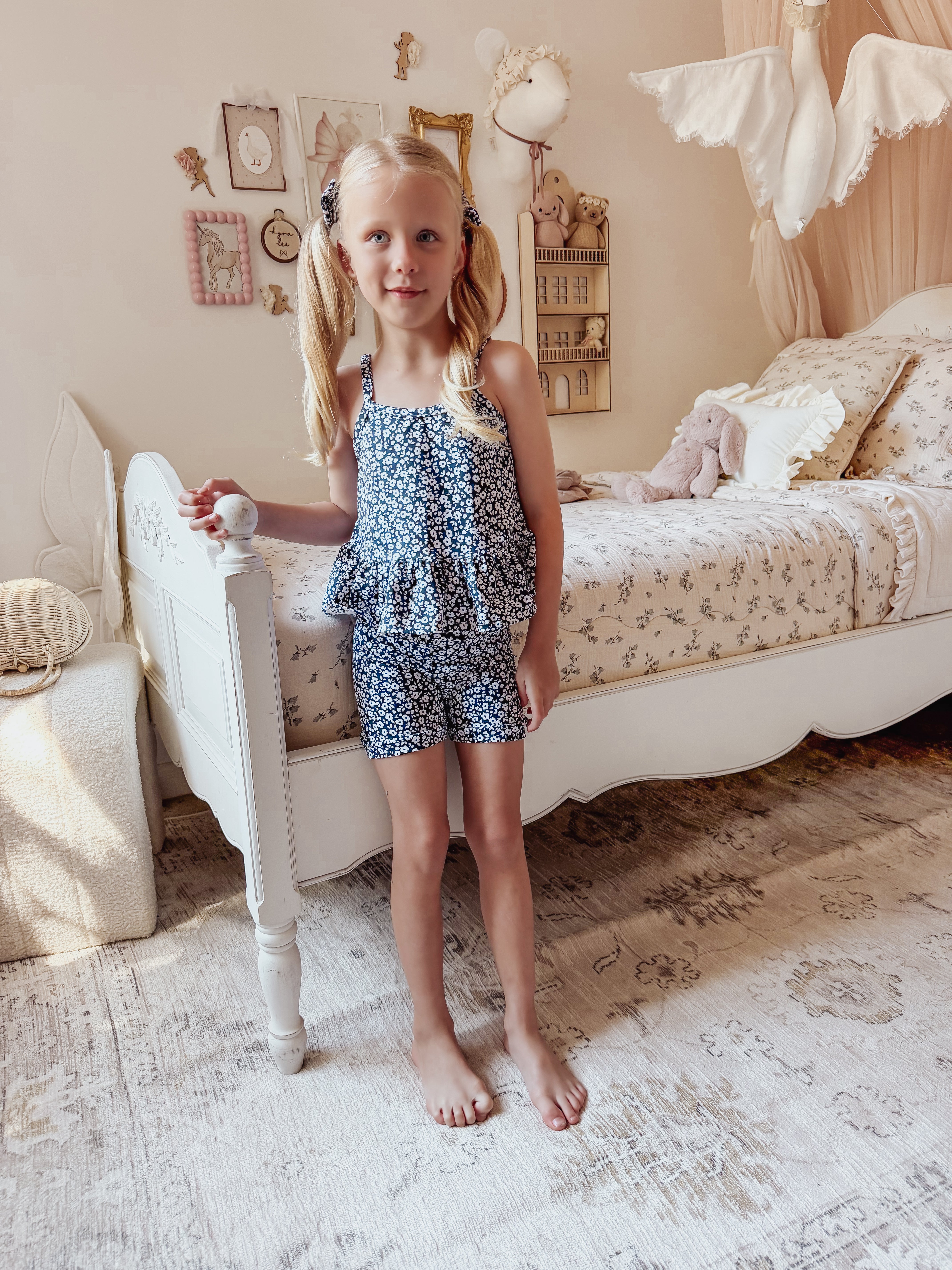 Peplum Singlet & Bike Short Set - Navy Blooms