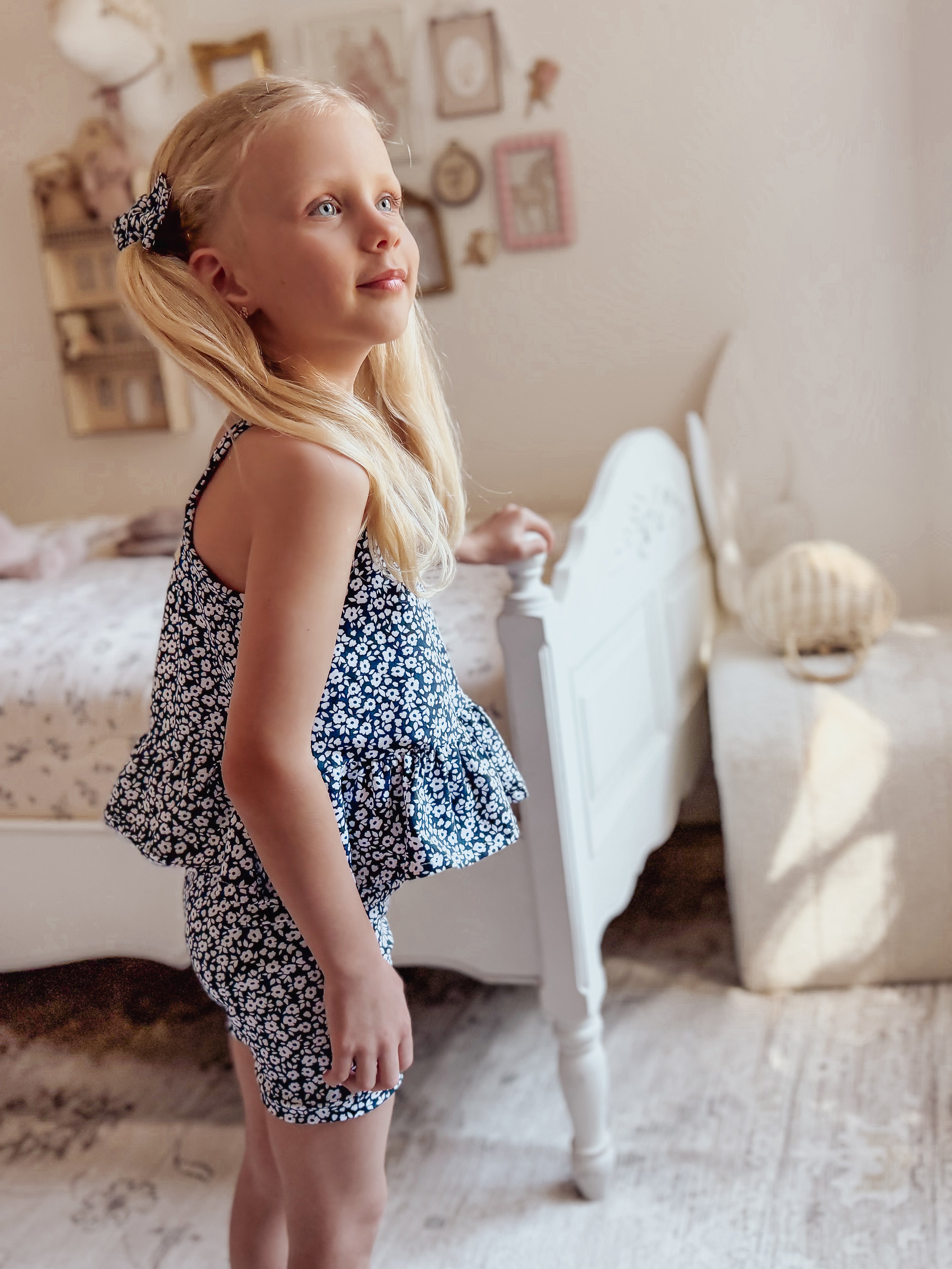 Peplum Singlet & Bike Short Set - Navy Blooms