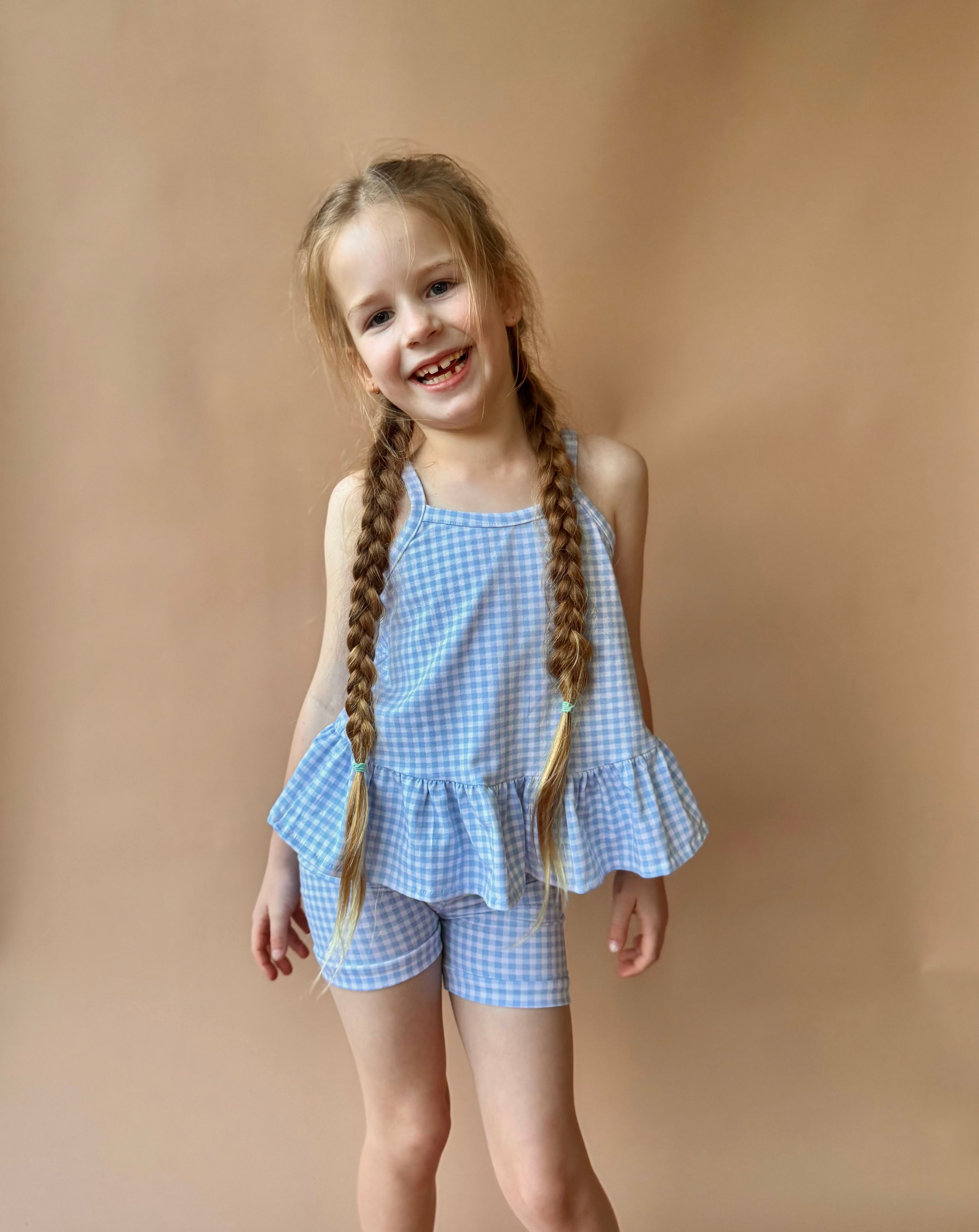 Peplum Singlet & Bike Short Set - Cornflower Gingham