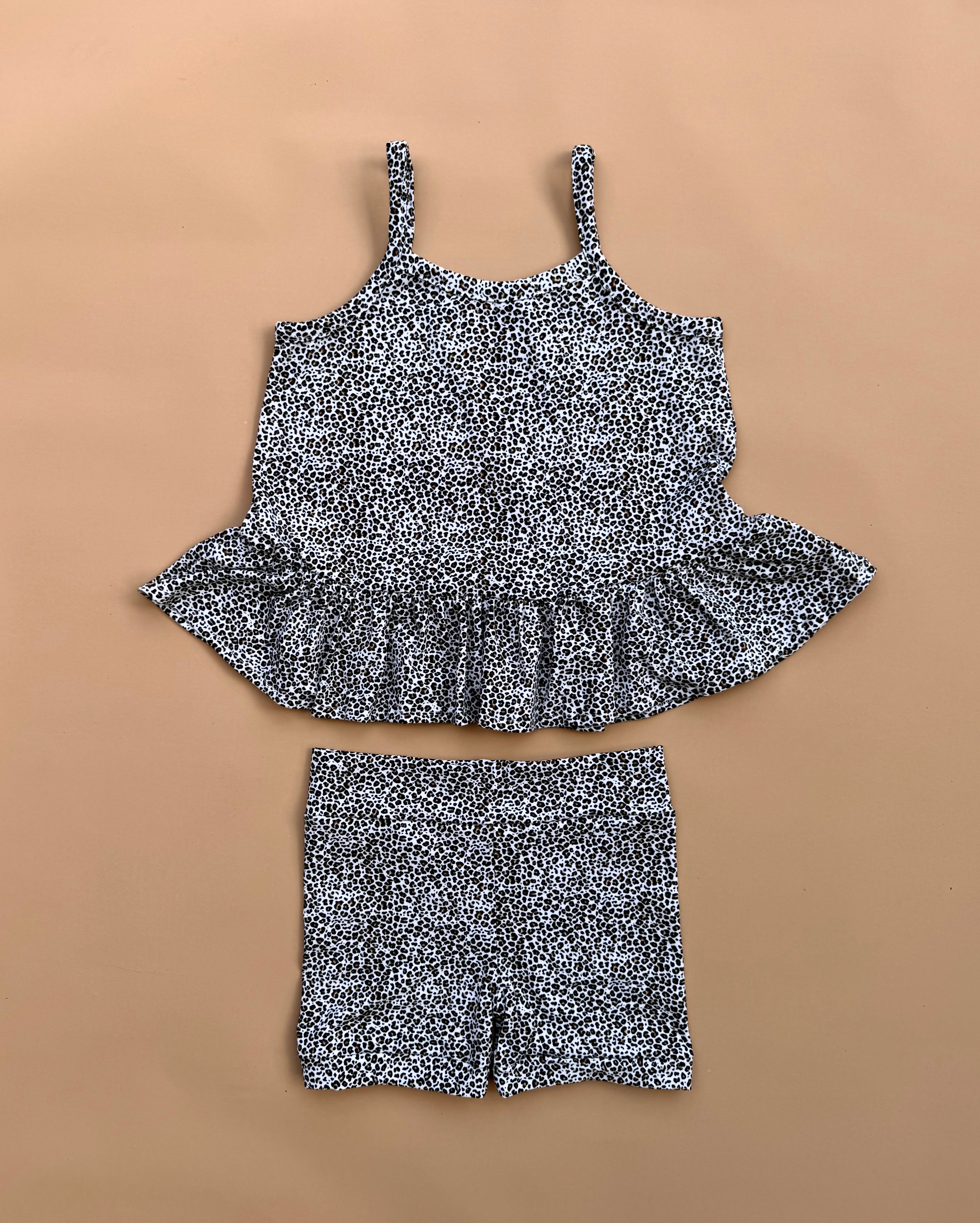 Peplum Singlet & Bike Short Set - Mini Leopard