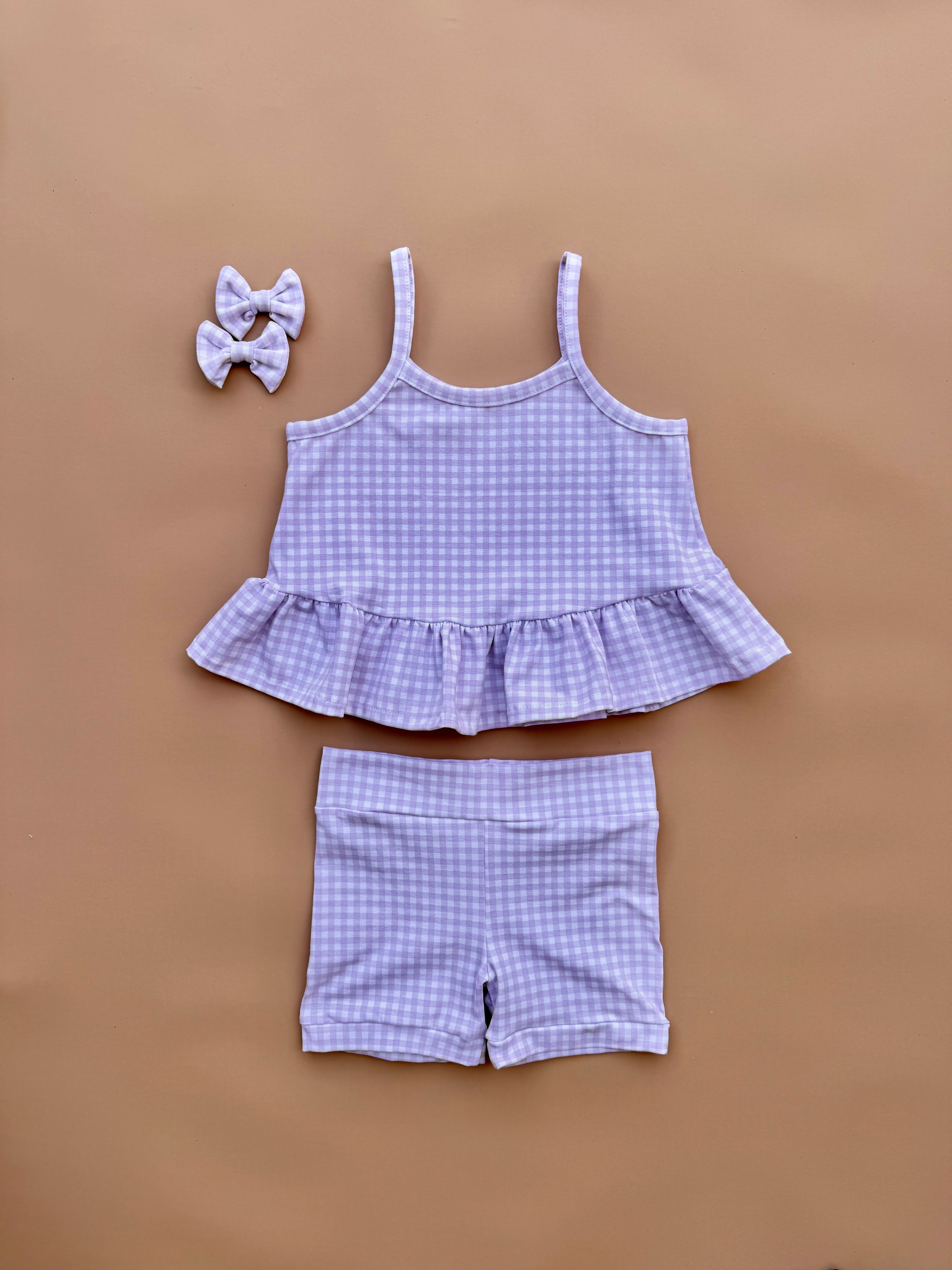 Peplum Singlet & Bike Short Set - Lilac Gingham