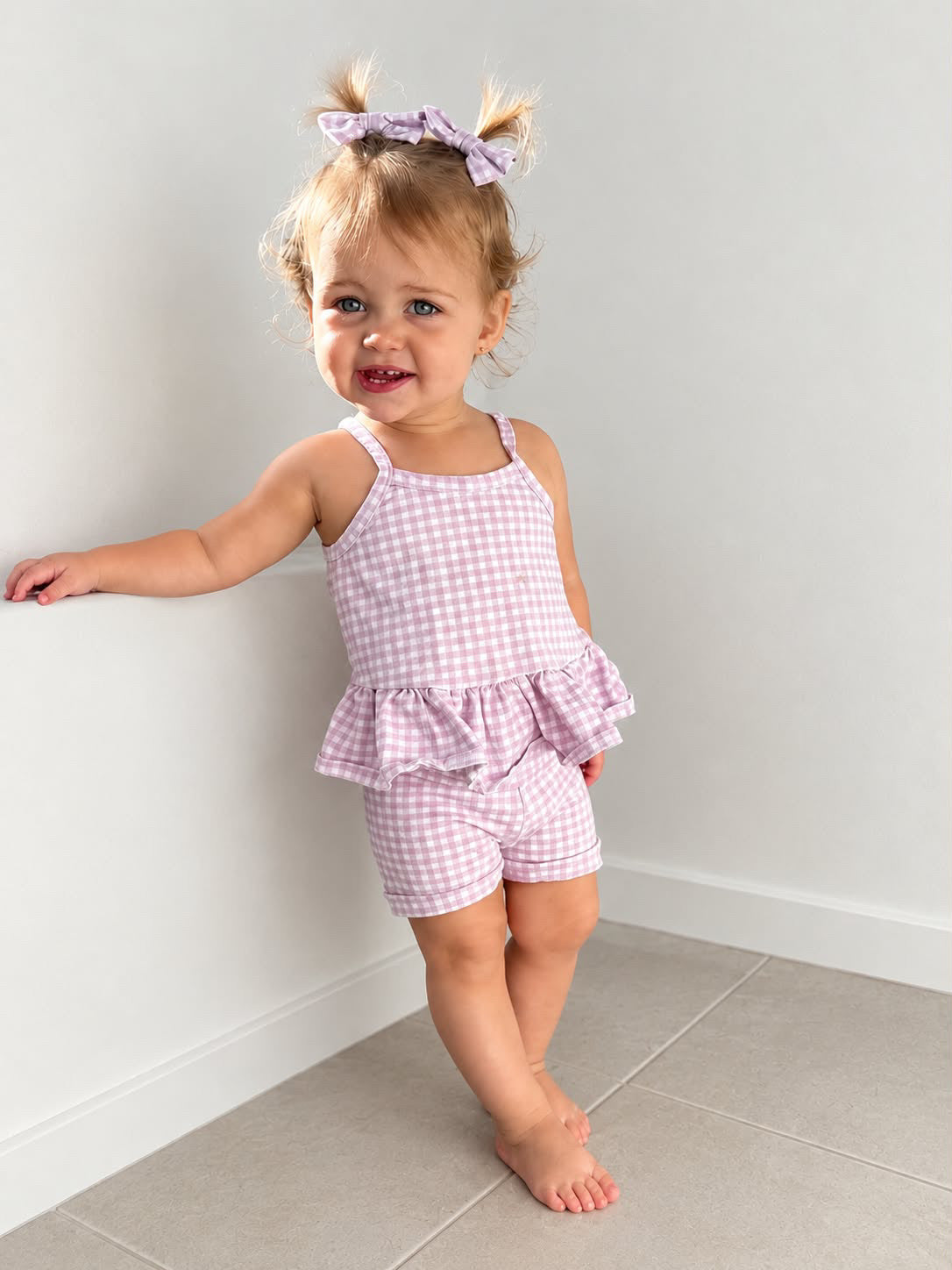 Peplum Singlet & Bike Short Set - Lilac Gingham