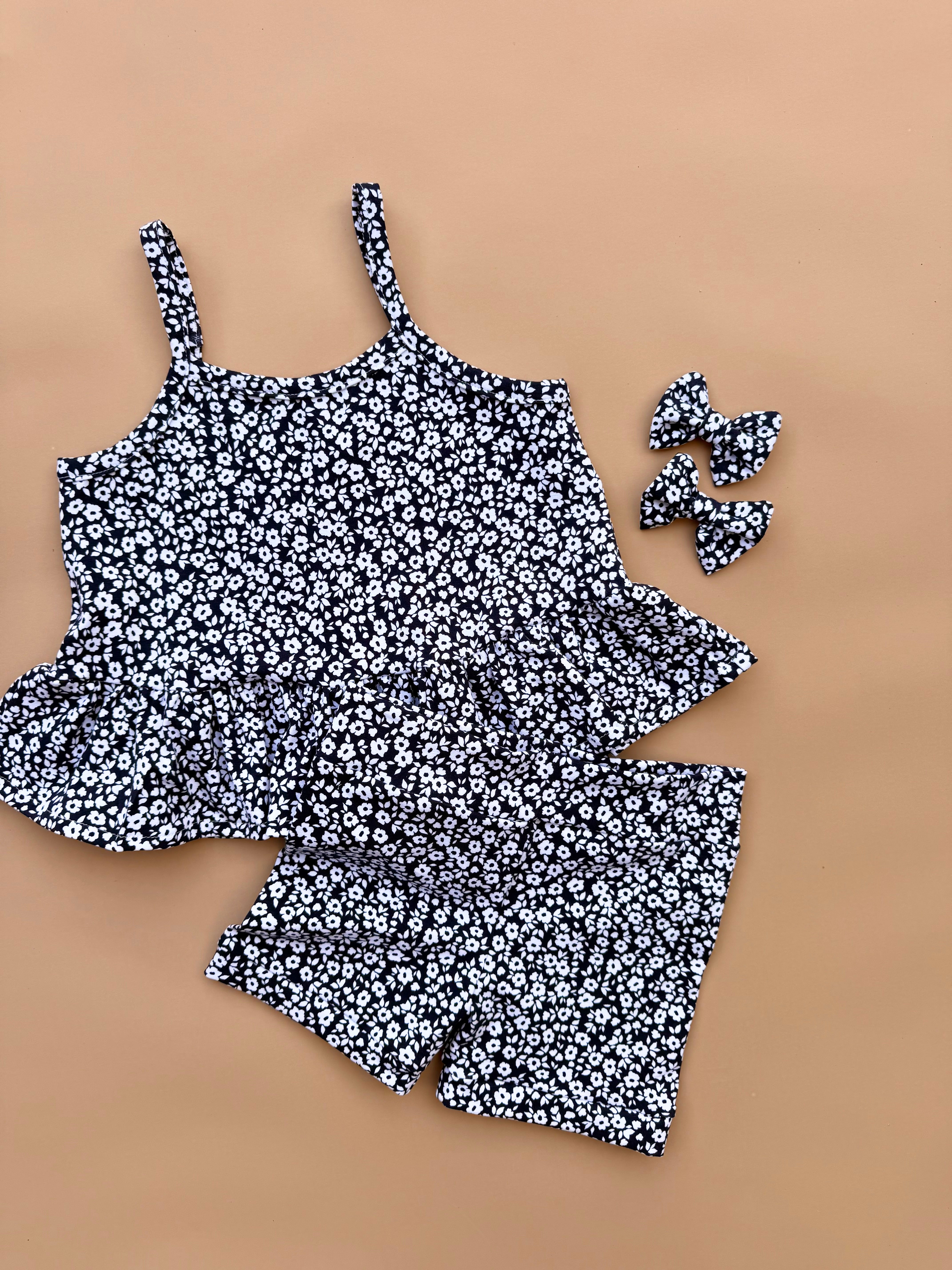 Peplum Singlet & Bike Short Set - Navy Blooms