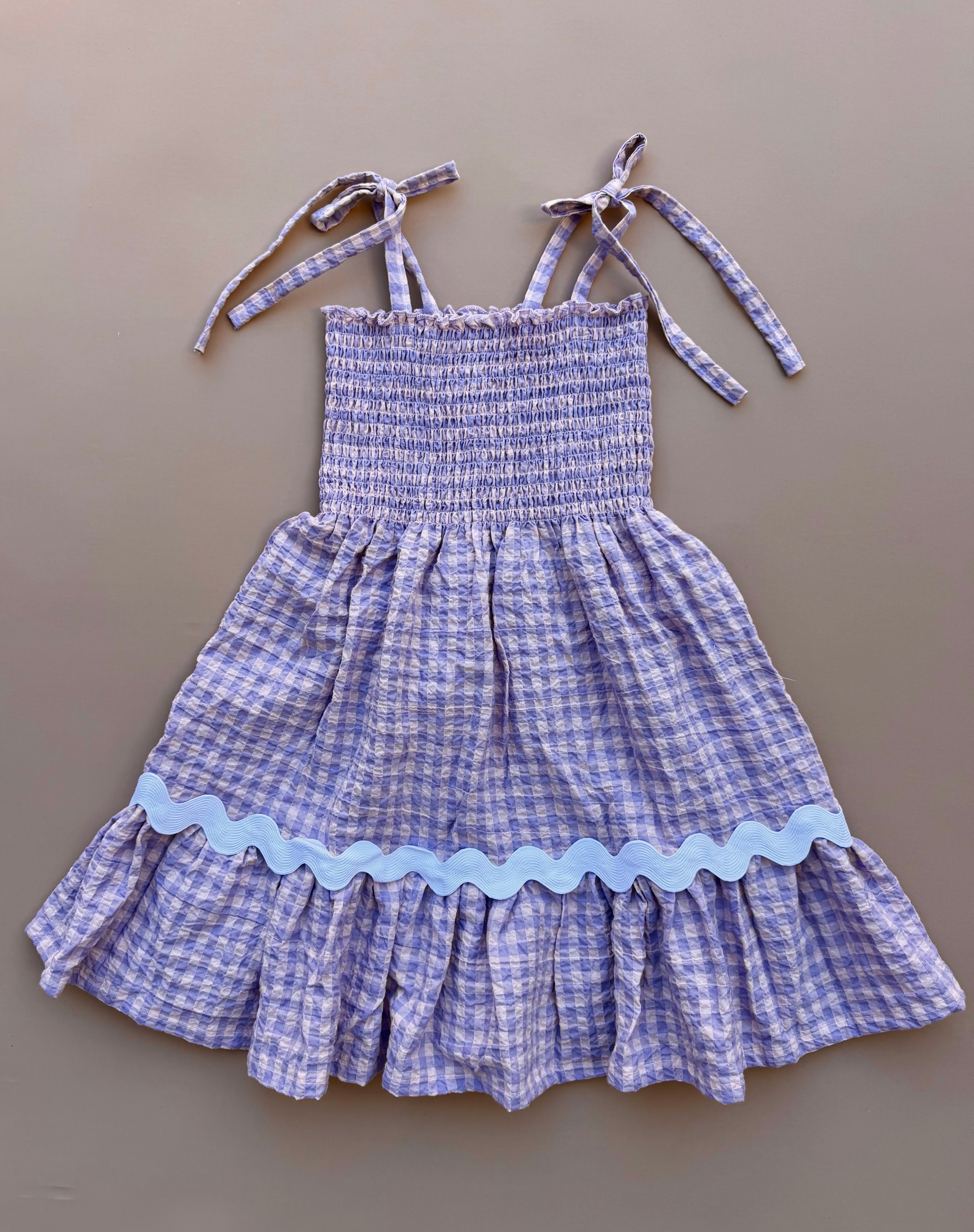 Shirred Ric Rac Dress - Purple & Pink Gingham