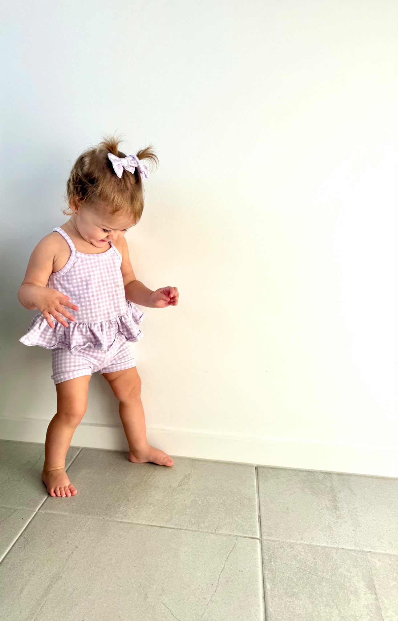 Peplum Singlet & Bike Short Set - Lilac Gingham