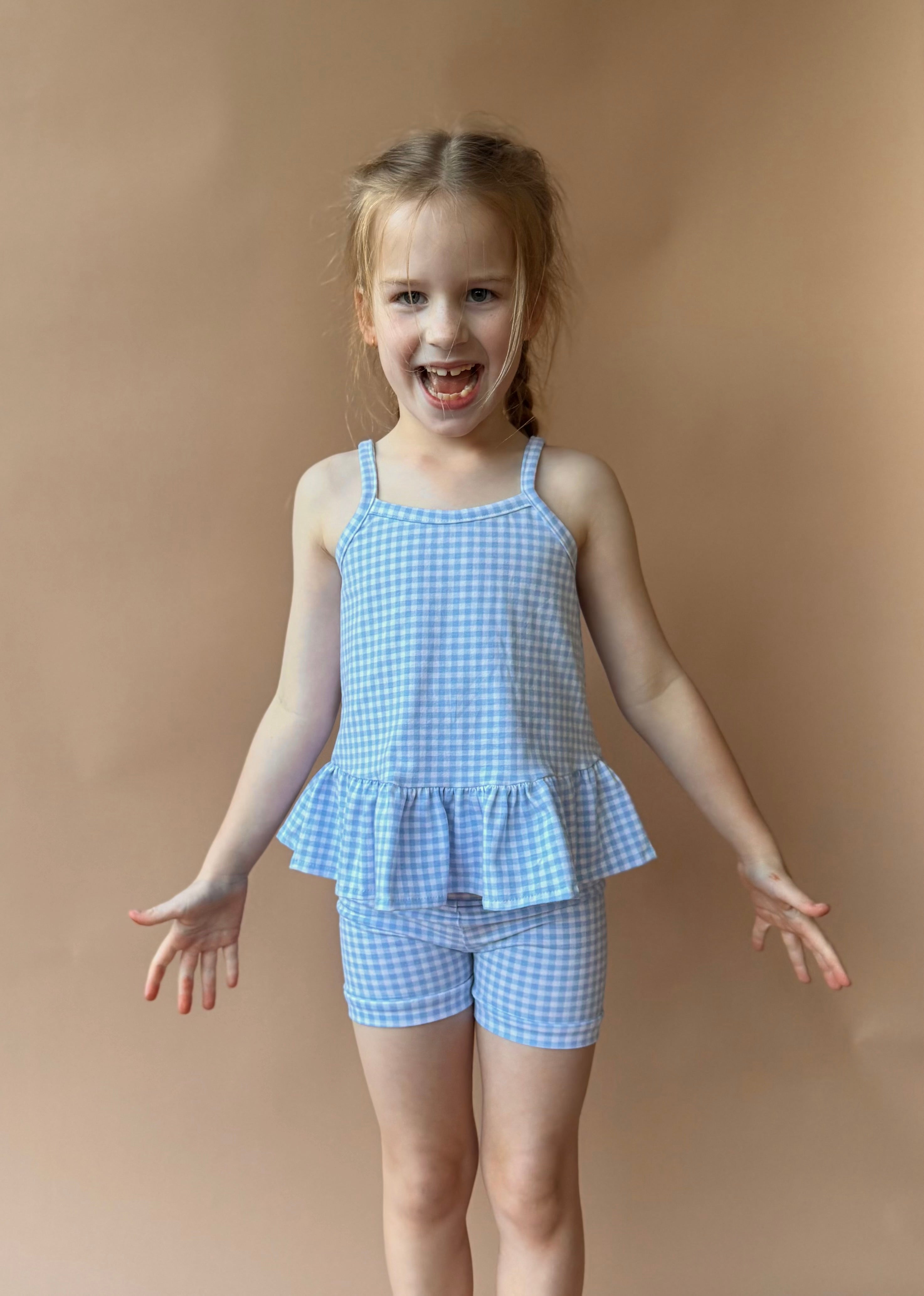 Peplum Singlet & Bike Short Set - Cornflower Gingham