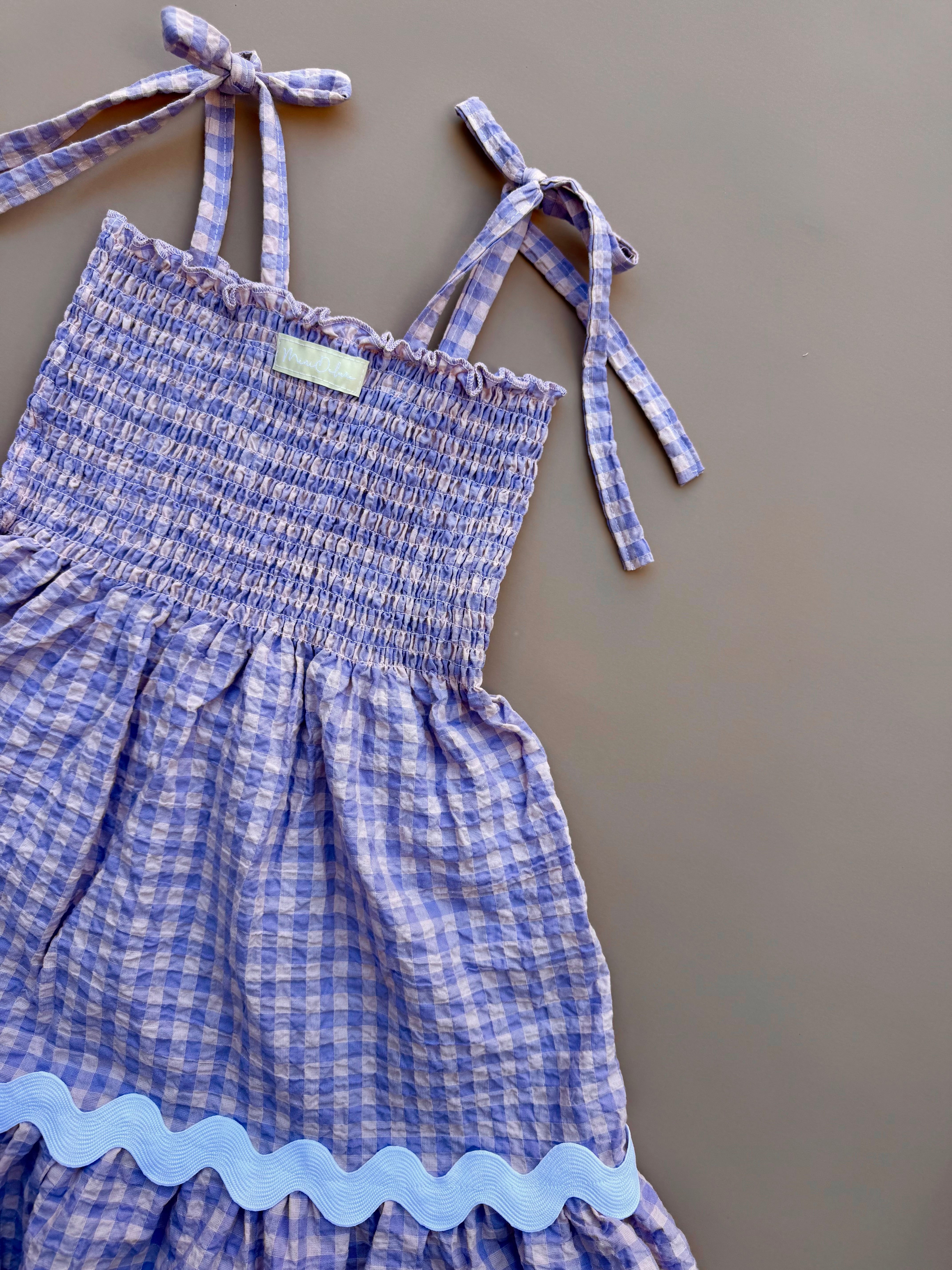Shirred Ric Rac Dress - Purple & Pink Gingham