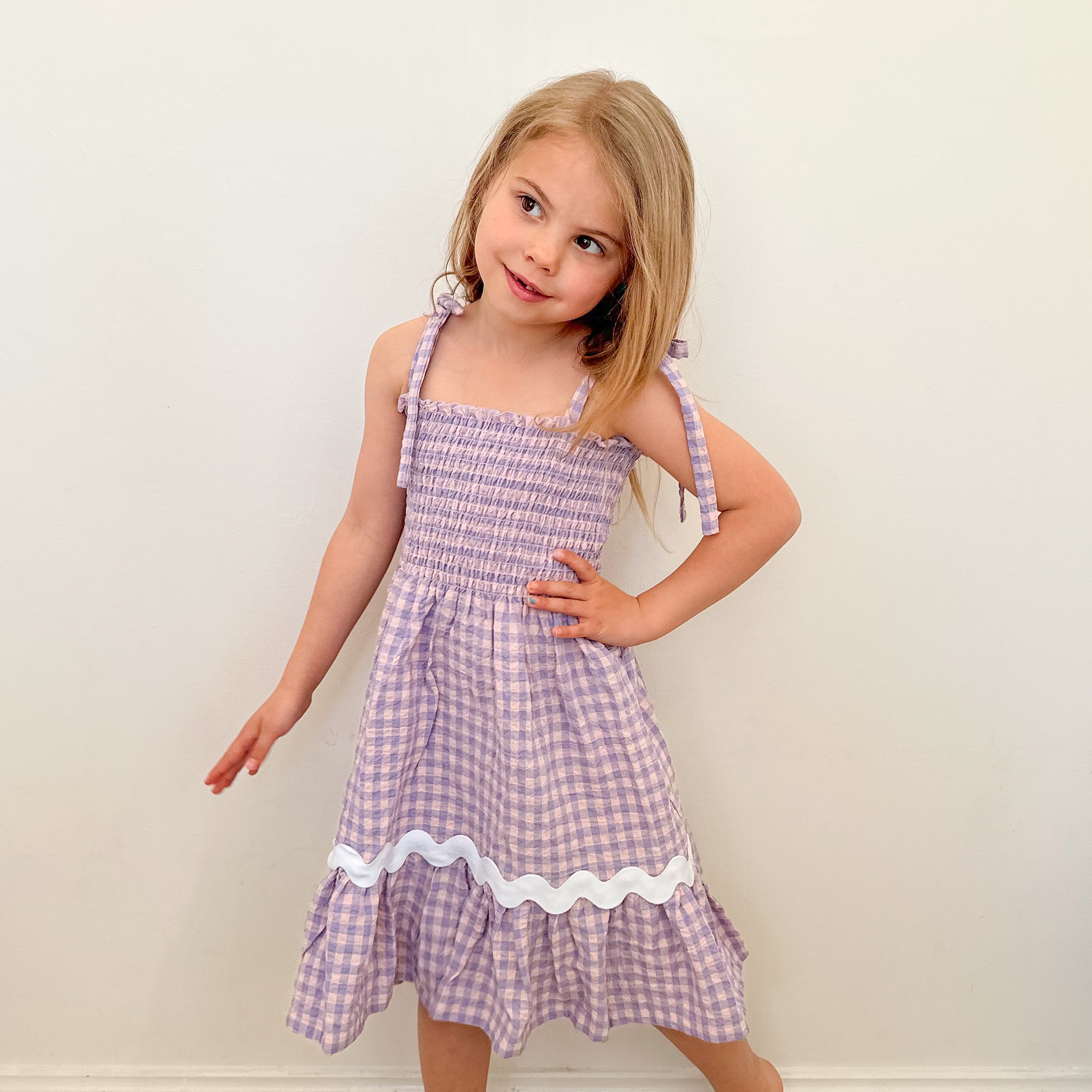 Shirred Ric Rac Dress - Purple & Pink Gingham
