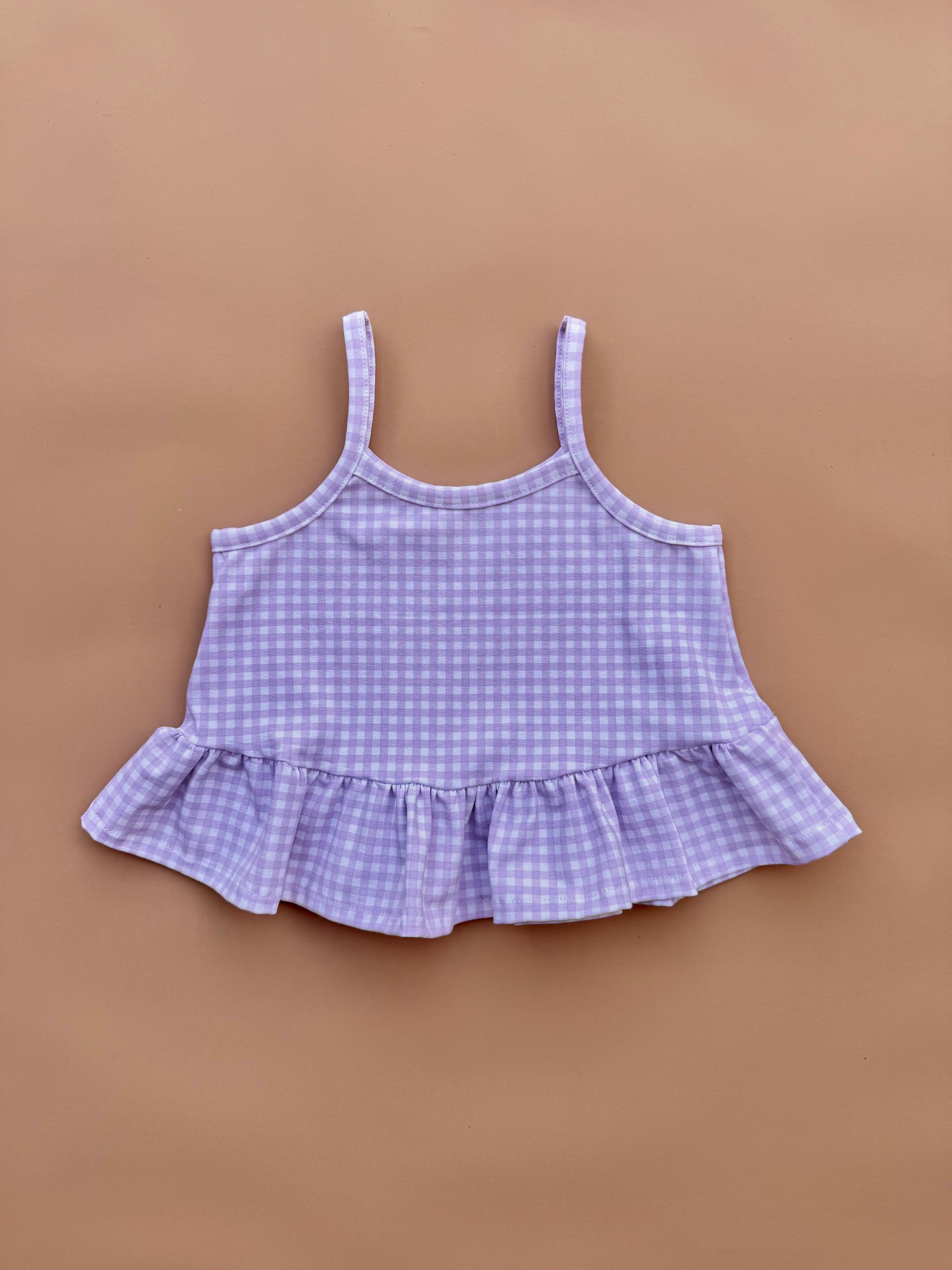 Peplum Singlet & Bike Short Set - Lilac Gingham