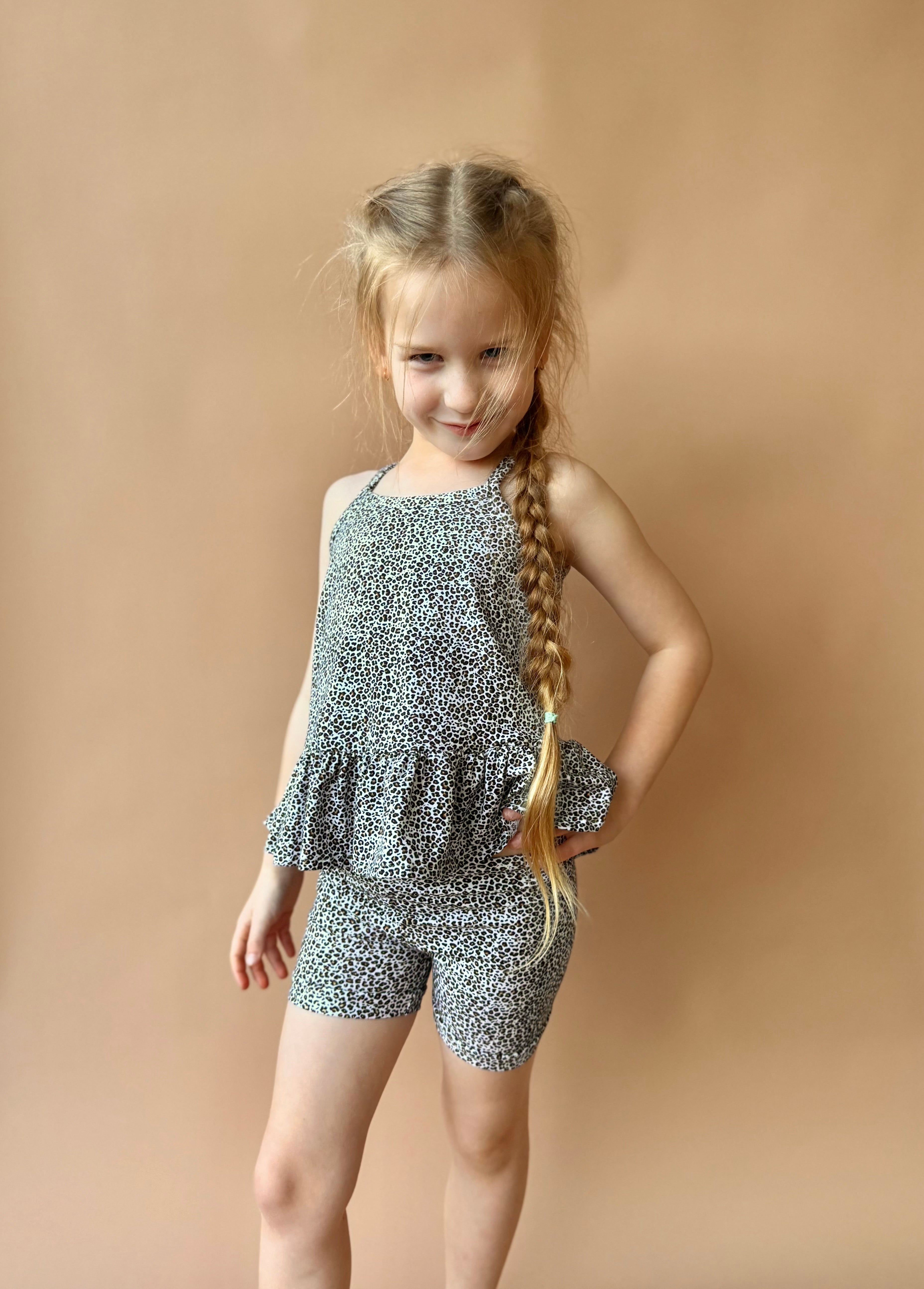 Peplum Singlet & Bike Short Set - Mini Leopard