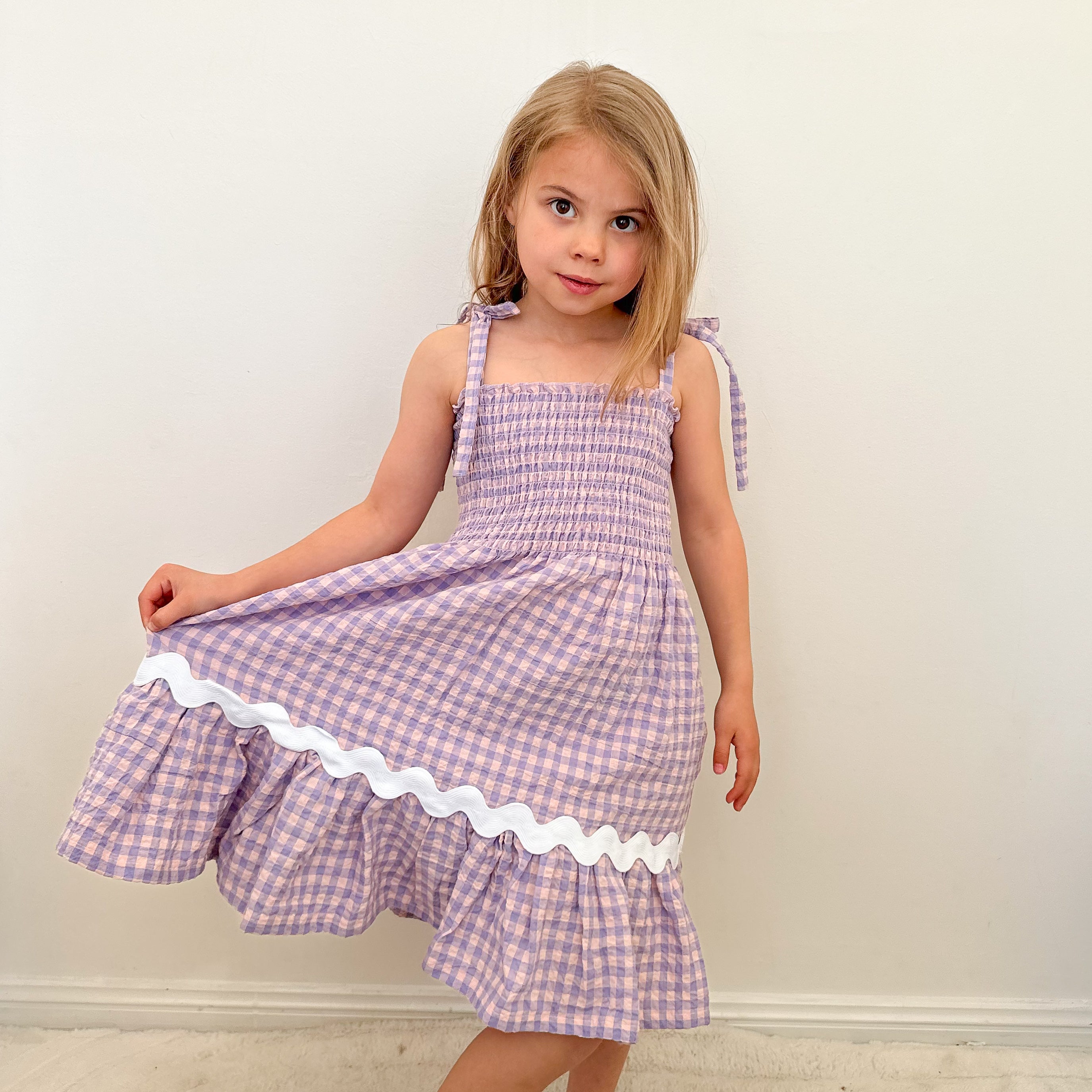 Shirred Ric Rac Dress - Purple & Pink Gingham
