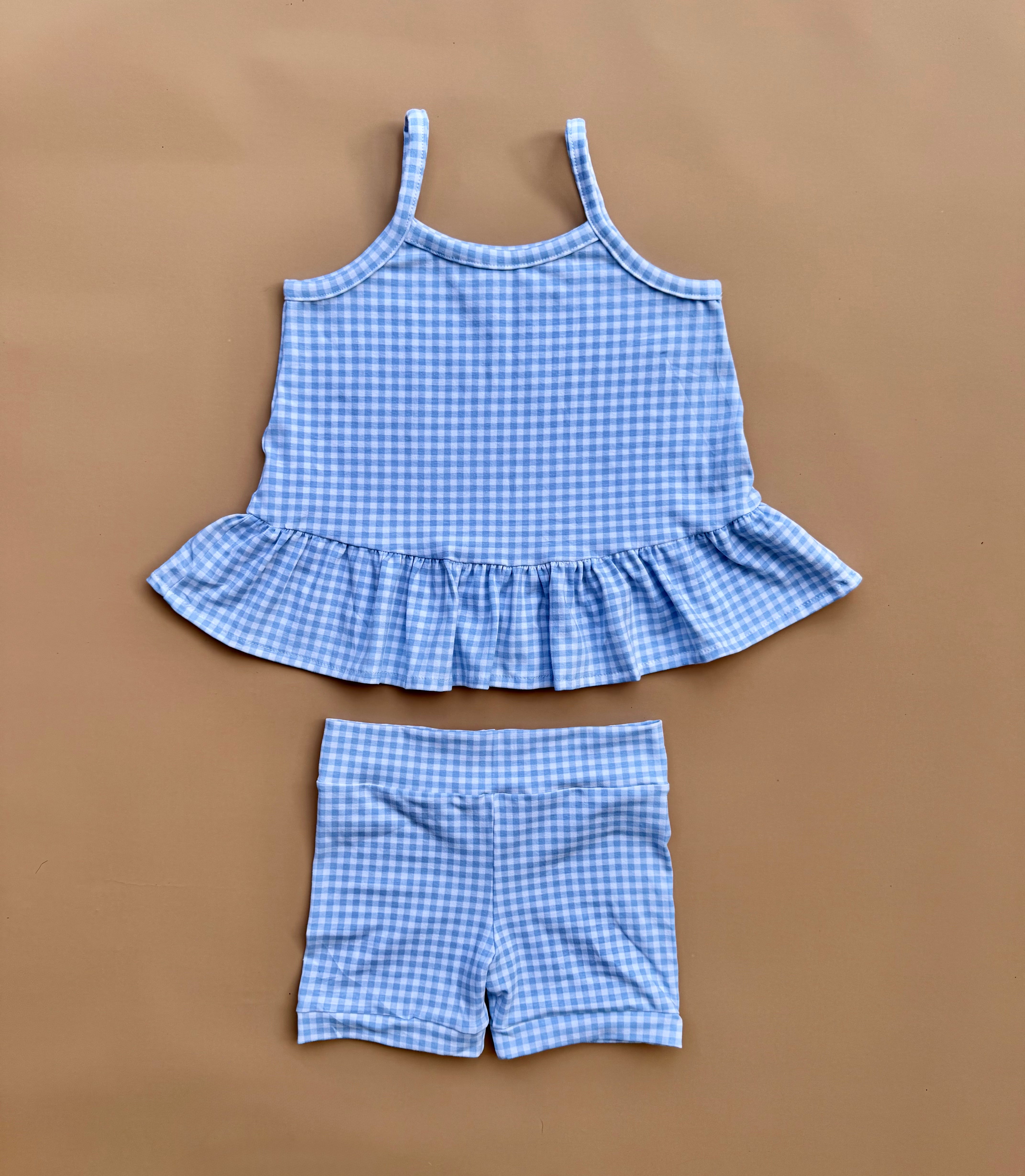 Peplum Singlet & Bike Short Set - Cornflower Gingham