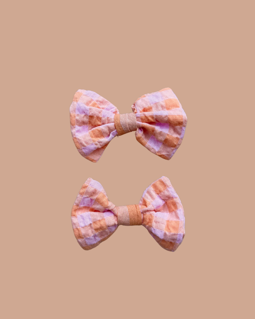 Bow Clip Set - Pink & Orange Gingham